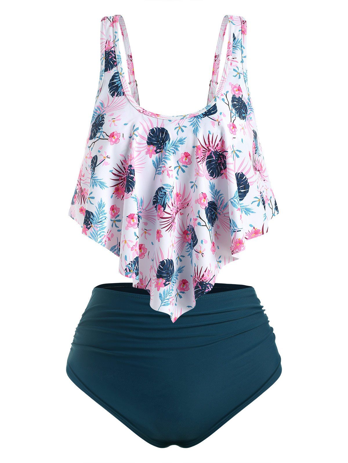 

Floral Leaves Print High Waisted Ruched Tankini Swimwear, Deep green