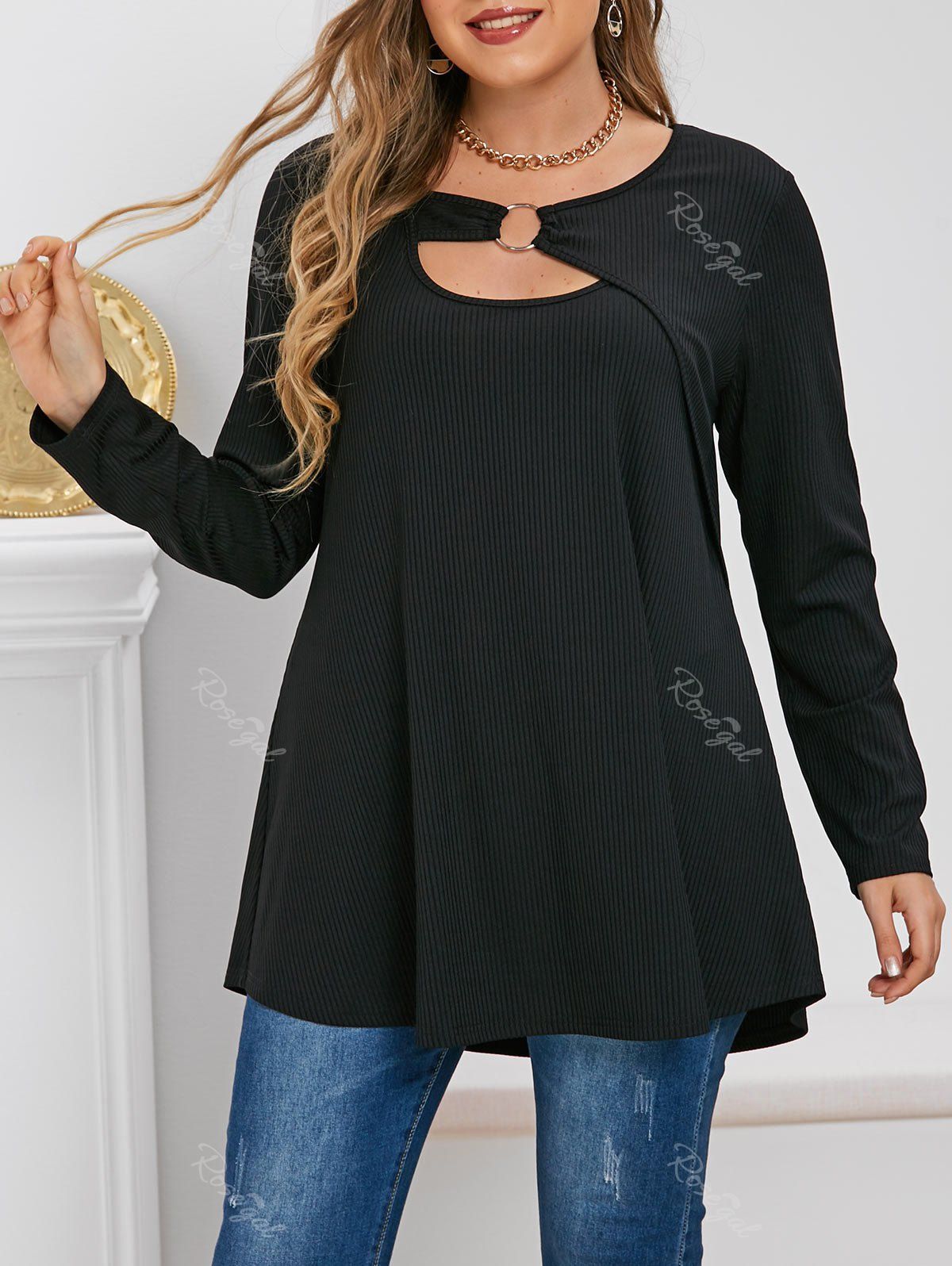 

Plus Size O Ring Ribbed Cutout T Shirt, Black