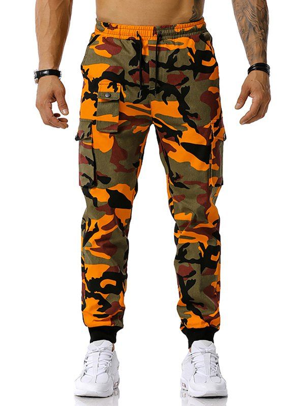 Pantalon Cargo à Imprimé Camouflage à Cordon Orange XXXL