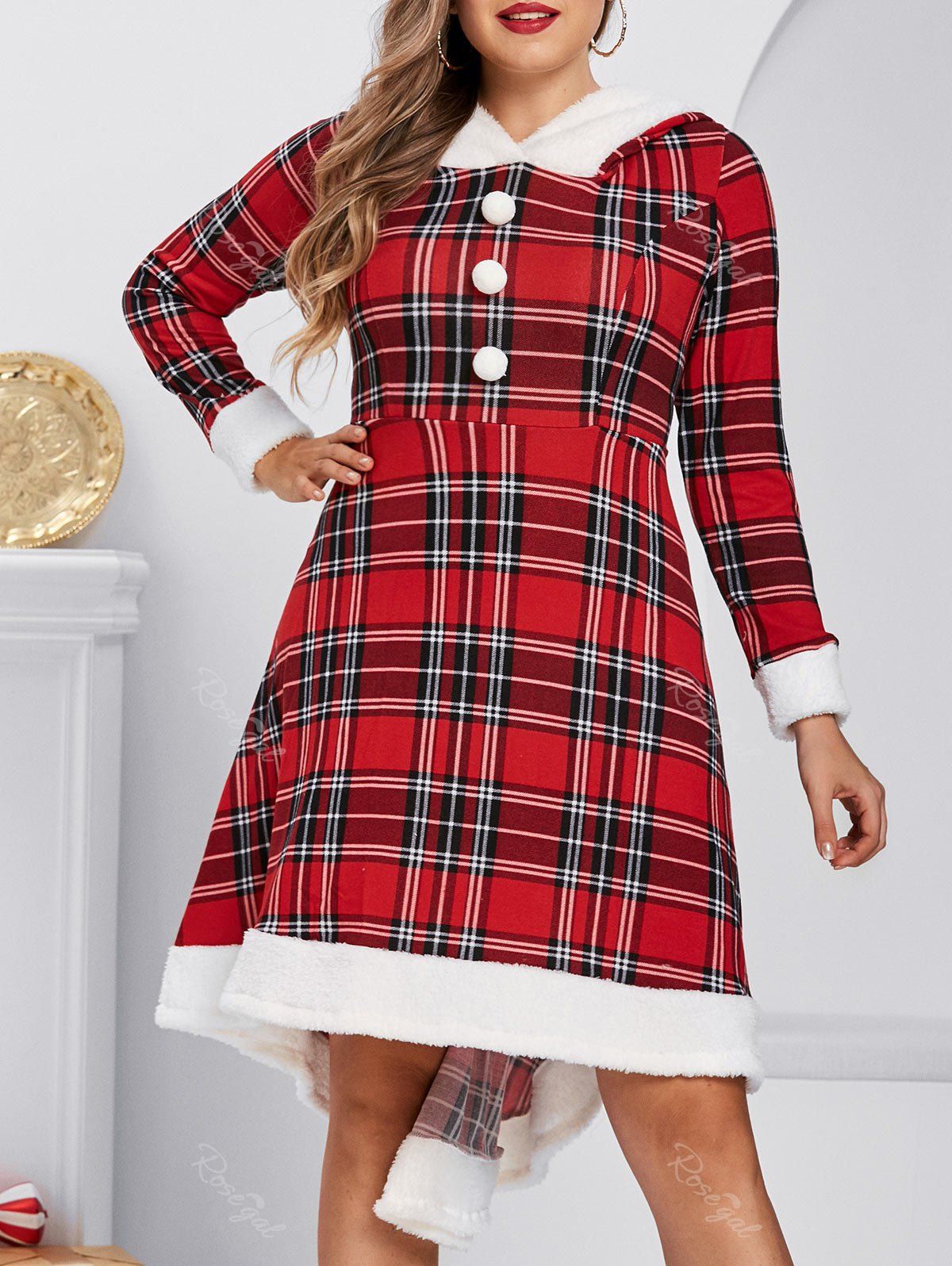 Rosegal Plus Size Plaid Hooded A Line Faux Fur Panel Knit Dress