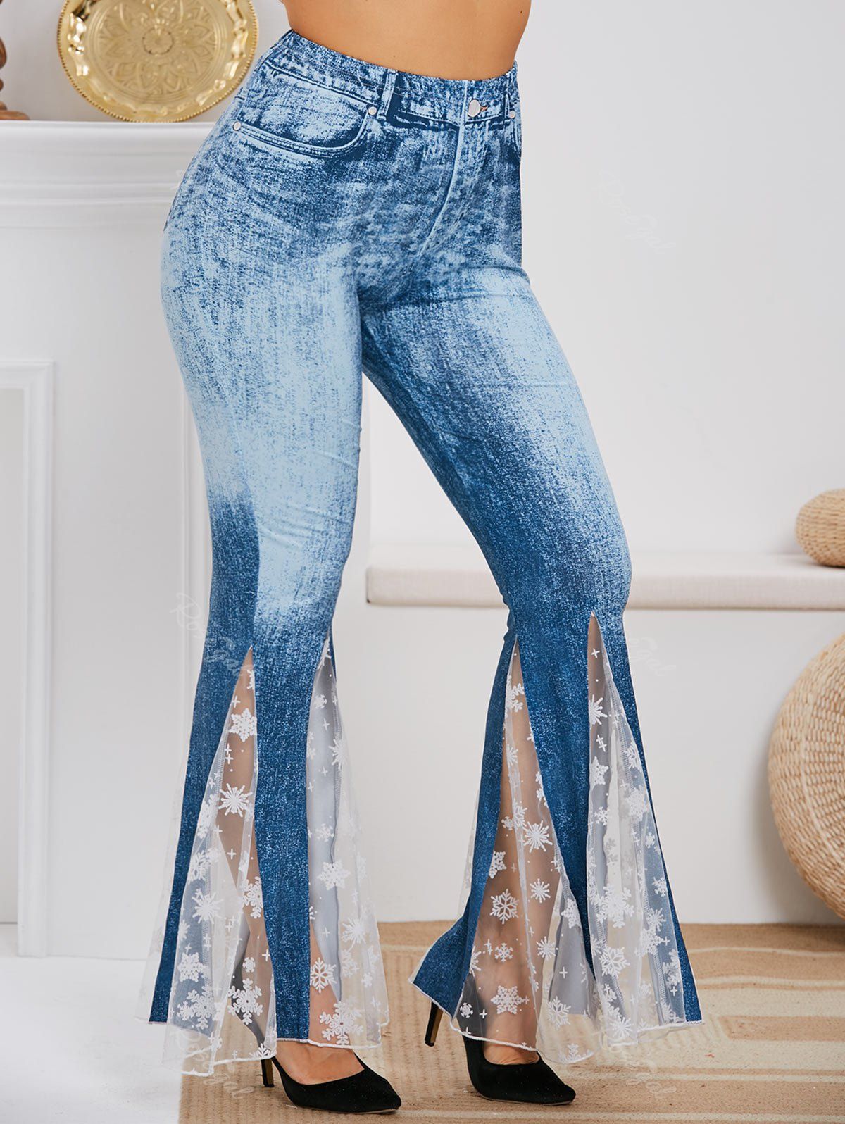 

Plus Size Christmas Snowflake Mesh Panel Flare Pants, Blue