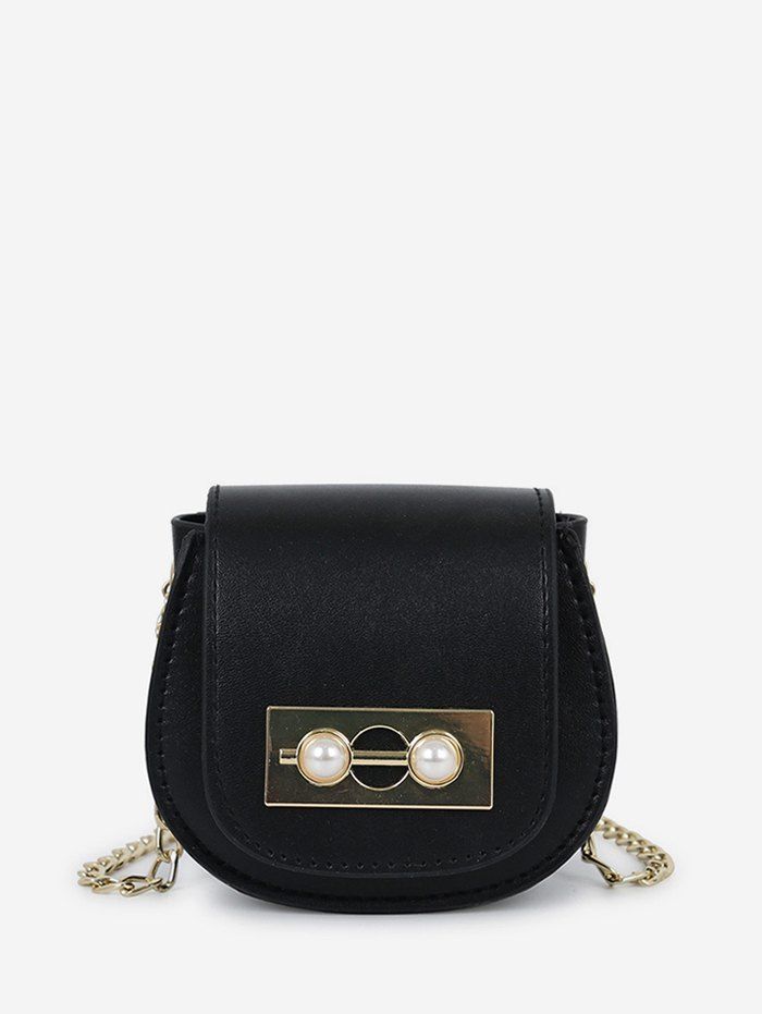 

Faux Pearl Chain Mini Saddle Bag, Black