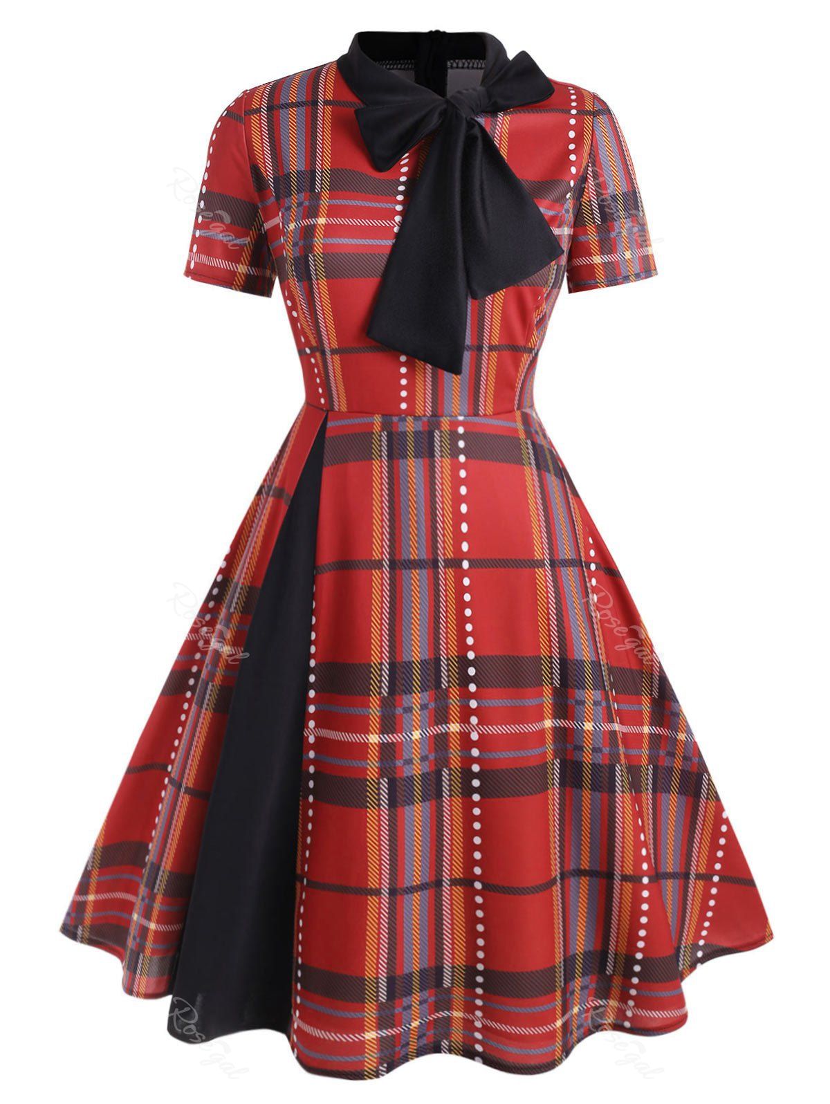 

Plus Size Vintage Bow Tie Plaid Flare Dress, Red