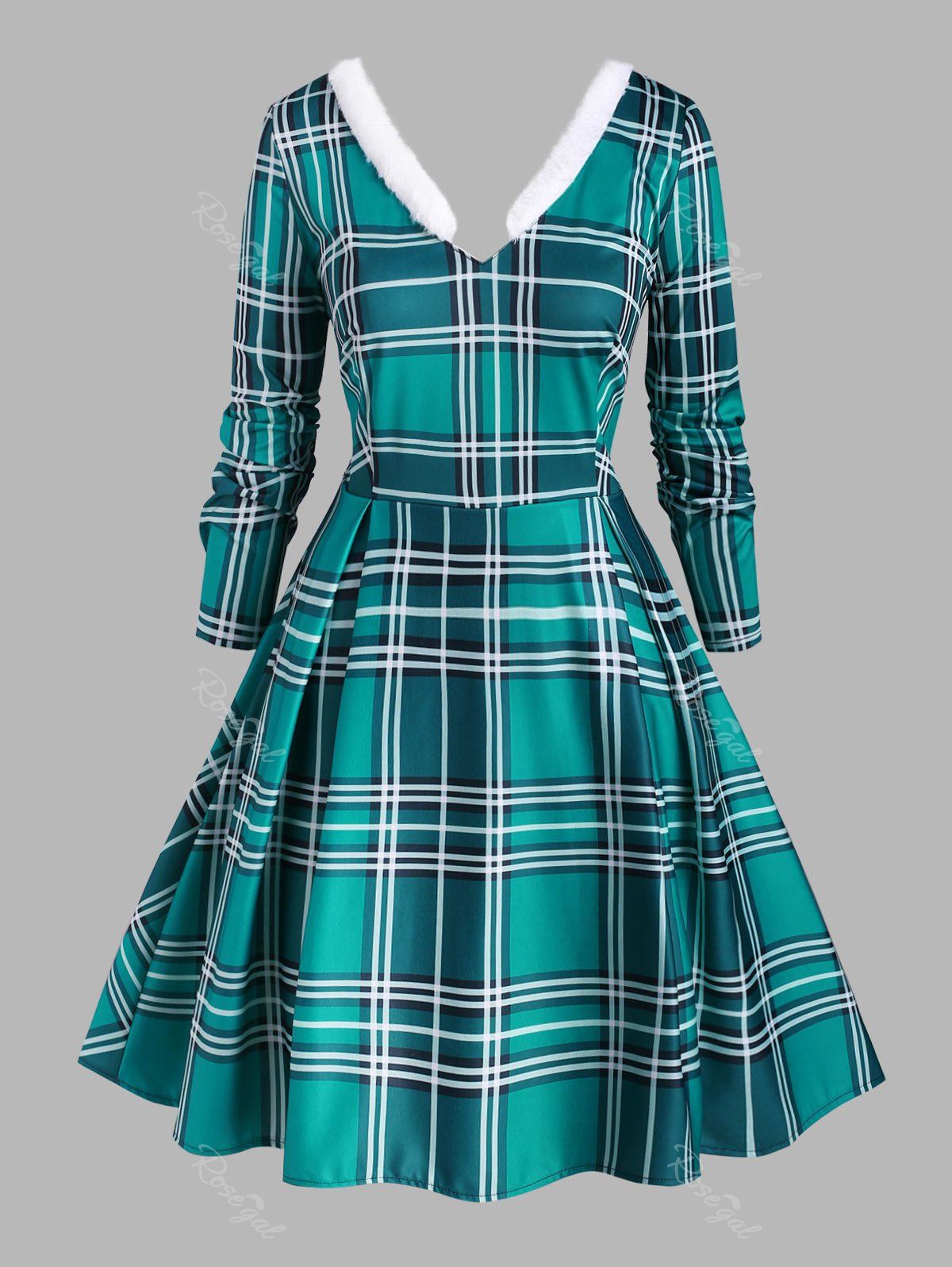 

Plus Size Plaid Faux Fur Panel High Low Dress, Green