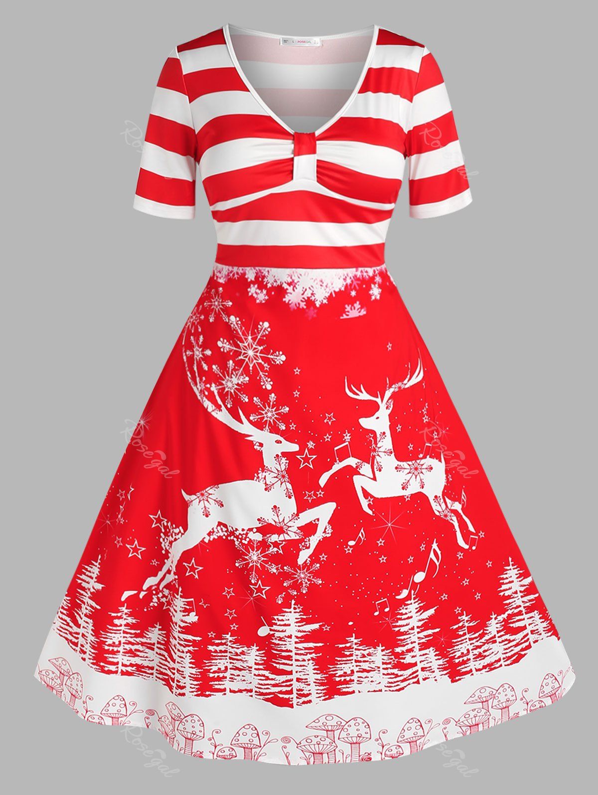 Affordable Plus Size Christmas Elk Striped Snowflake Midi Dress  