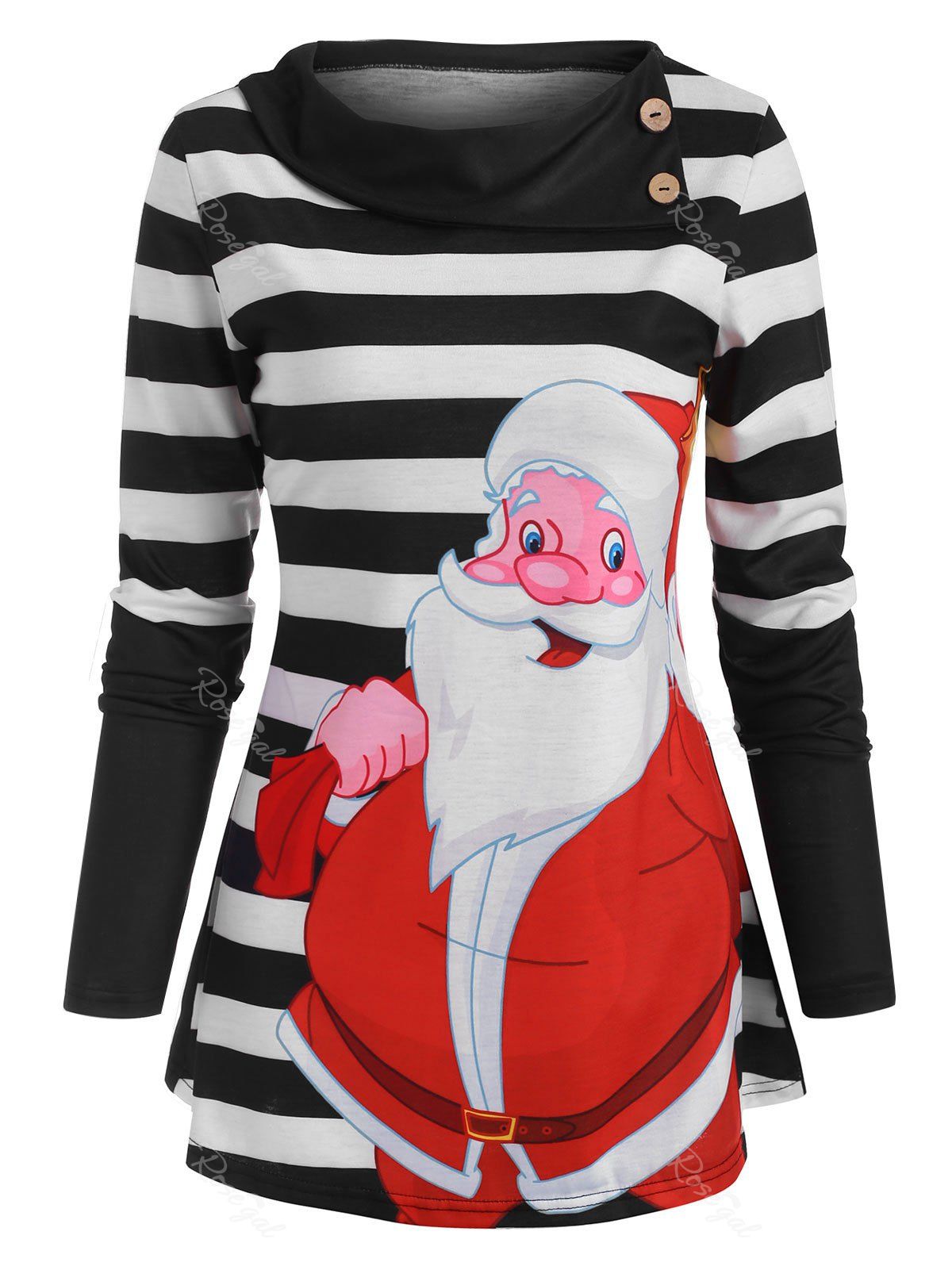 Chic Christmas Santa Claus Striped Button Embellished T Shirt  
