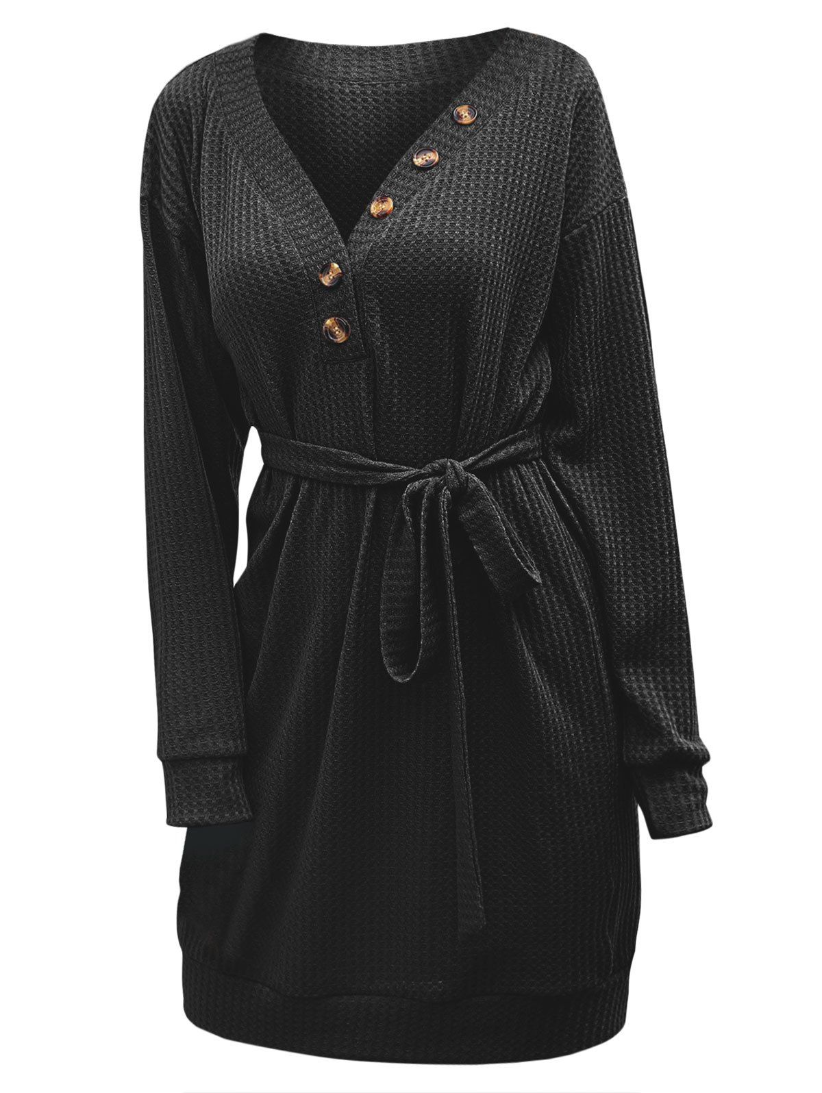 

Mock Button Knitted Belted Drop Shoulder Mini Dress, Black