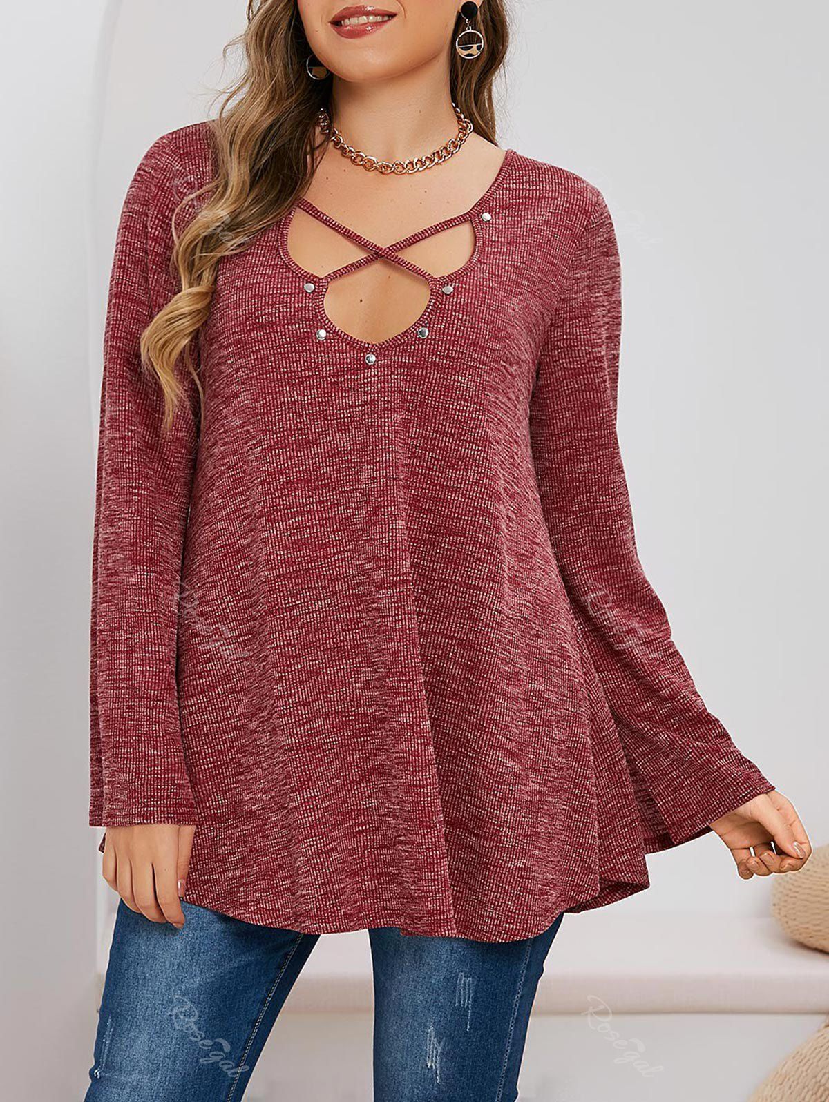 New Plus Size Heathered Crisscross Knitted T Shirt  