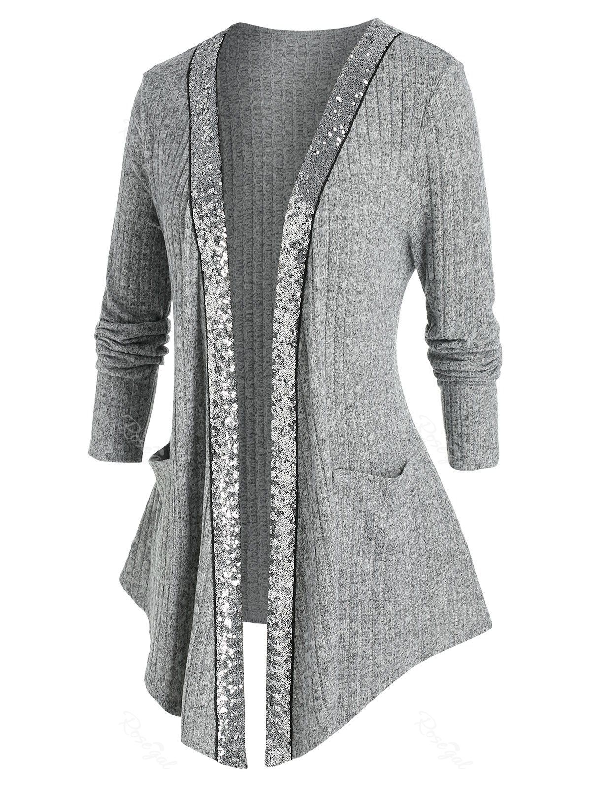 

Plus Size Sequins Ribbed Pocket Cardigan, Gray cloud