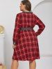 Plus Size Plaid Button Front Roll Tab Sleeve Belted Dress -  