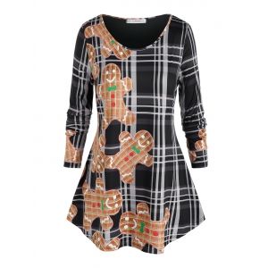 

Plus Size The Gingerbread Man Print Checkered T Shirt, Black