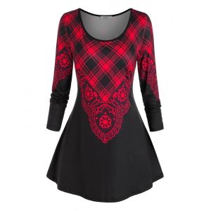 

Plus Size Plaid Pattern Long Sleeve Tunic T-shirt, Black