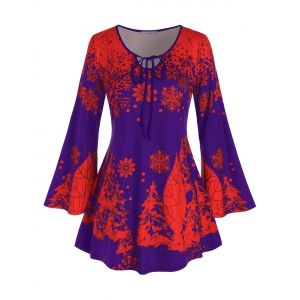 

Plus Size Christmas Snowflake Flare Sleeve Tie Tunic Tee, Purple iris
