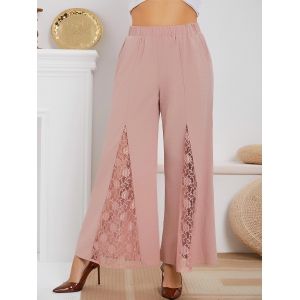 

High Waisted Lace Panel Plus Size Boot Cut Pants, Light pink