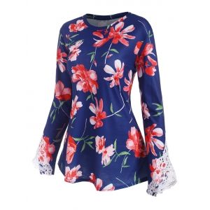 

Floral Print Guipure Panel Long Sleeve T Shirt, Red