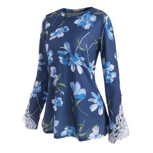 

Floral Print Guipure Panel Long Sleeve T Shirt, Blue