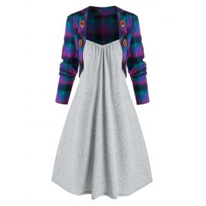 

Mock Button Plaid Pattern Twofer Dress, Multi a