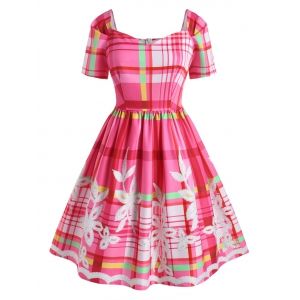 

Plus Size Vintage Plaid Flower Sweetheart Dress, Light pink
