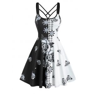 

Contrast Rose Flower Print Sleeveless Strappy Dress, Black