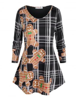 Plus Size The Gingerbread Man Print Checkered T Shirt