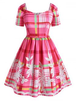 Plus Size Vintage 50s Plaid Flower Sweetheart Dress - LIGHT PINK - 1X