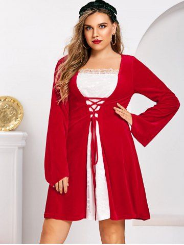 Plus Size Christmas Velvet Lattice Flare Sleeve Lace Bicolor Dress