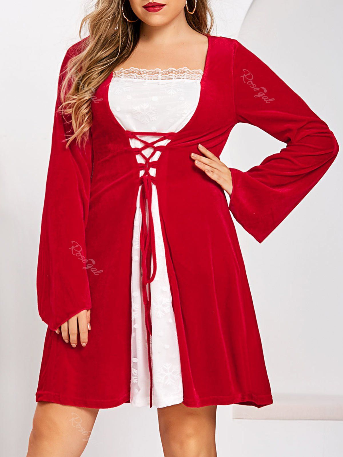 Robe de Noël Bicolore en Dentelle en Velours à Manches Evasées de Grande Taille Rouge Lave 1X