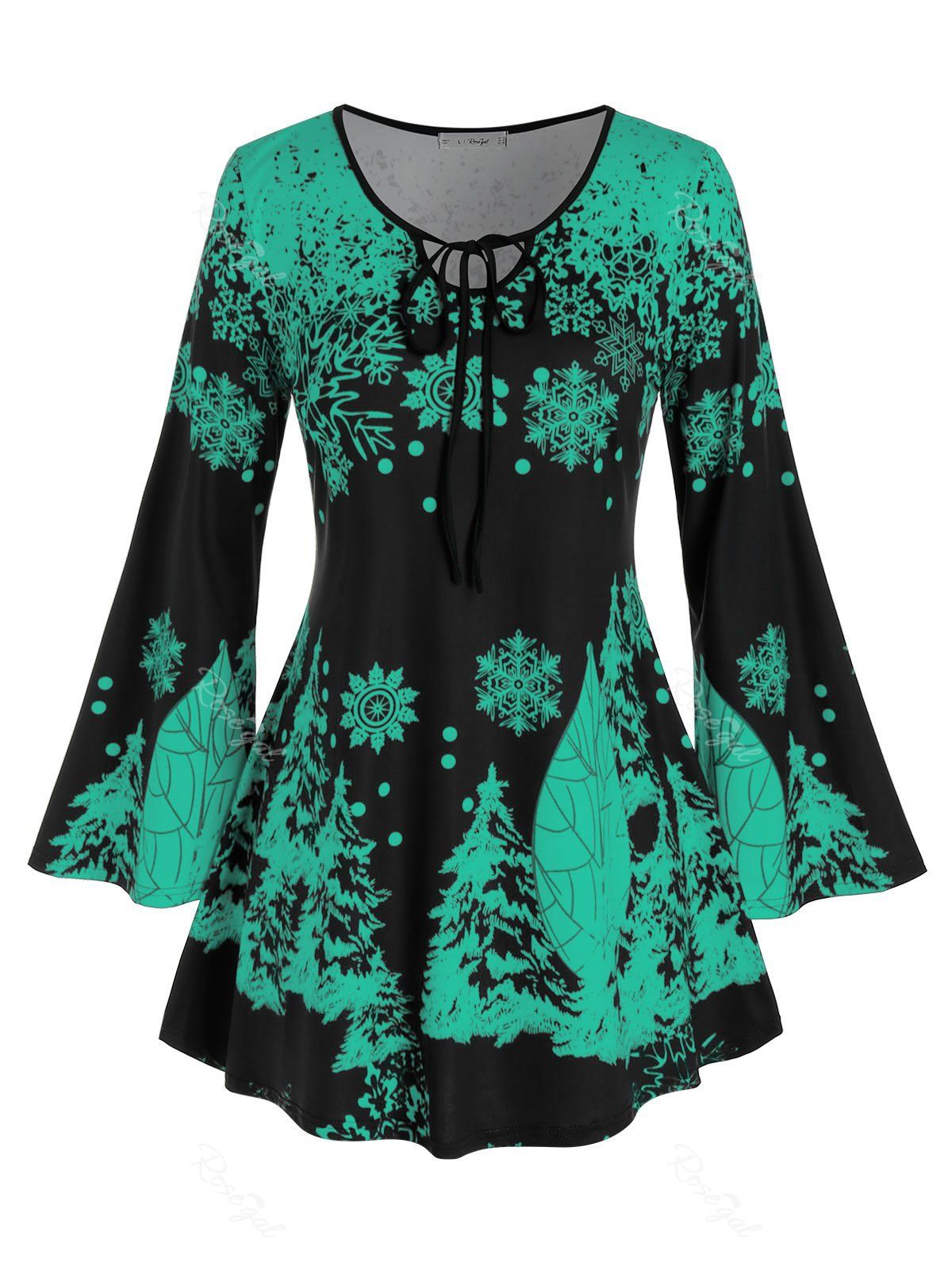 

Plus Size Christmas Snowflake Flare Sleeve Tie Tunic Tee, Green