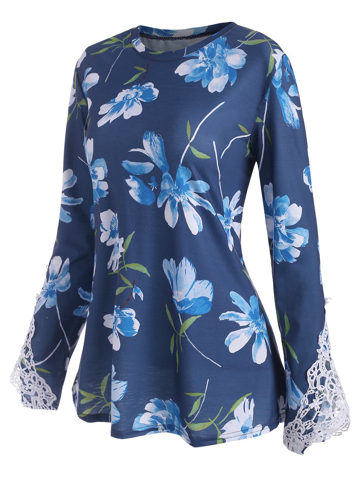 

Floral Print Guipure Panel Long Sleeve T Shirt, Blue