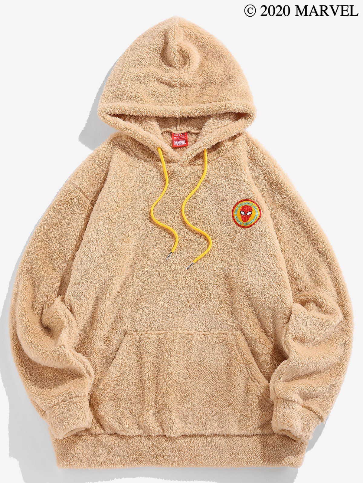 

Marvel Spider-Man Graphic Embroidered Applique Fluffy Hoodie, Light coffee