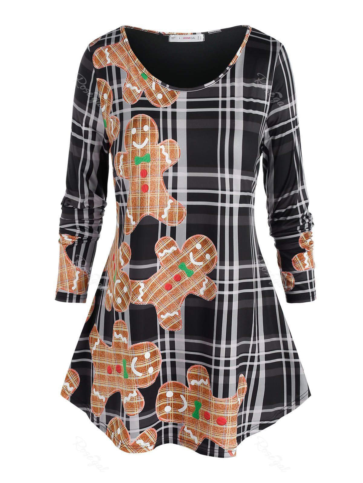 Affordable Plus Size The Gingerbread Man Print Checkered T Shirt  