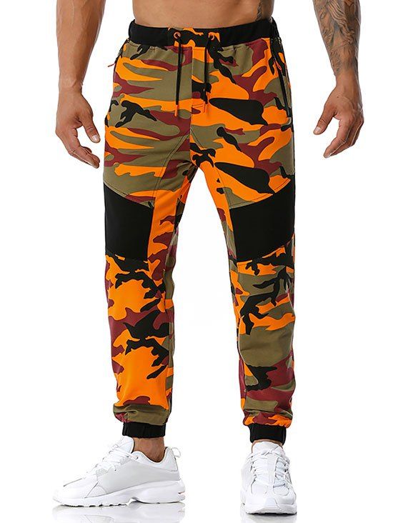 

Zipper Pockets Camouflage Print Sports Pants, Orange