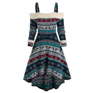 

Cold Shoulder Tribal Print High Low Dress, Deep blue