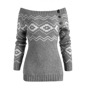 

Button Side Off Shoulder Zig Zag Geometric Sweater, Gray