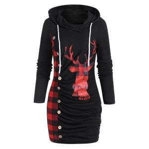

Hooded Plaid Elk Ruched Slinky Dress, Black