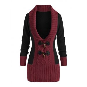 

Horn Button Colorblock Plunging Sweater, Red wine