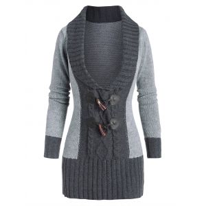 

Horn Button Colorblock Plunging Sweater, Gray