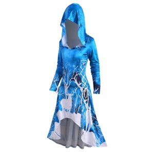 

Hooded Christmas Elk Print Lace-up High Low Long Sleeve Dress, Blue