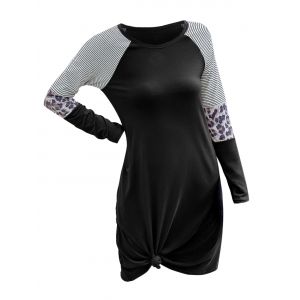 

Stripes Leopard Panel Casual Tee Dress, Black