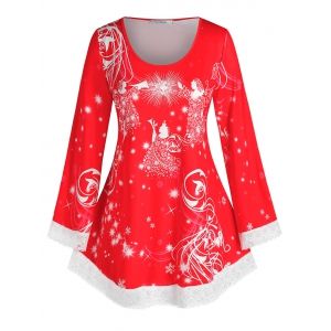 

Plus Size Christmas Snowflake Print Lace Hem Tunic Tee, Red