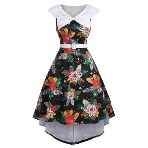 

Bowknot Plants Print Sleeveless High Low Dress, Black