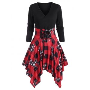 

Christmas Lace Up Elk Plaid Print Handkerchief Dress, Red