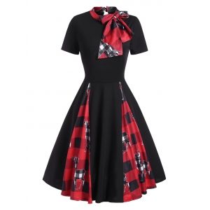 

Christmas Plaid Elk Print Bowknot Flare Dress, Black