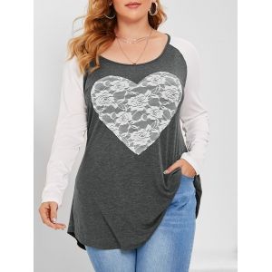 

Plus Size Heart Lace Raglan Sleeve T Shirt, Gray