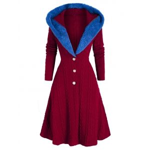 

Hooded Faux Fur Insert Lace Up Cable Knit Coat, Red wine