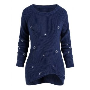 

Plus Size Star Embroidery Raglan Sleeve Tunic Sweater, Blue