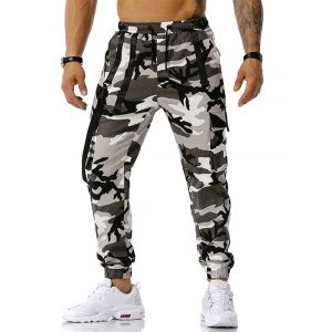 

Drawstring Camouflage Print Strap Cargo Pants, Gray