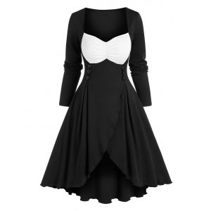 

Mock Button Vintage Contrast Overlap Dress, Black