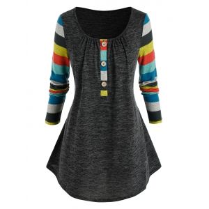 

Plus Size Striped Sleeve Henley T Shirt, Gray