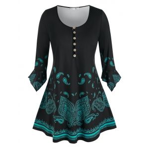 

Plus Size Paisley Half Placket Hanky Poet Sleeve Tunic Tee, Black